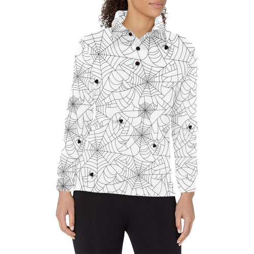 Spider web cobweb pattern white background Women's Long Sleeve Polo Shirt