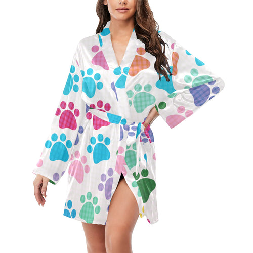 Dog Paws Pattern Print Design 01 Women's Long Sleeve Belted Night Robe