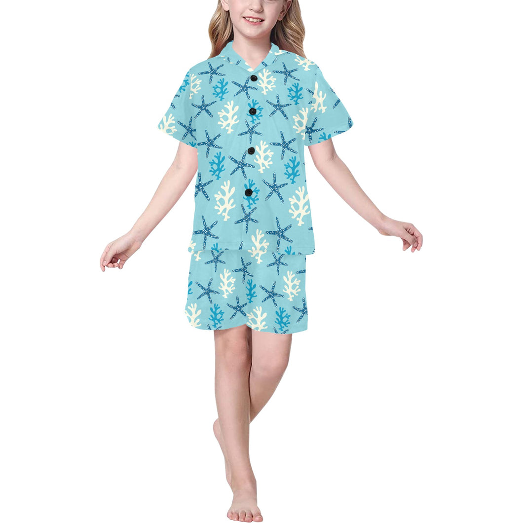 Blue starfish coral reef pattern Kids' Boys' Girls' V-Neck Short Pajama Set