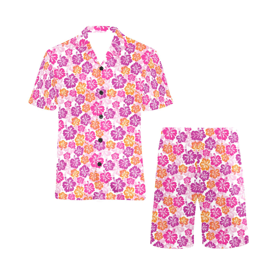 Hibiscus Pattern Print Design 01 Men's V-Neck Short Pajama Set