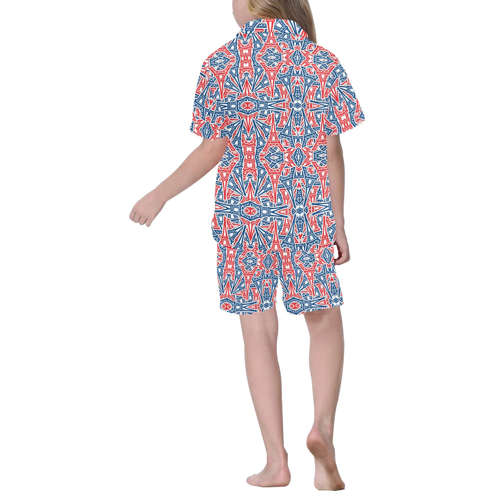 Blue Red Eiffel Tower Pattern Print Design 02 Kids' Boys' Girls' V-Neck Short Pajama Set