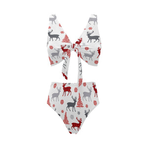 Deer tree snowflakes chrismas pattern Chest Bowknot High Waisted Bikini Swimsuit