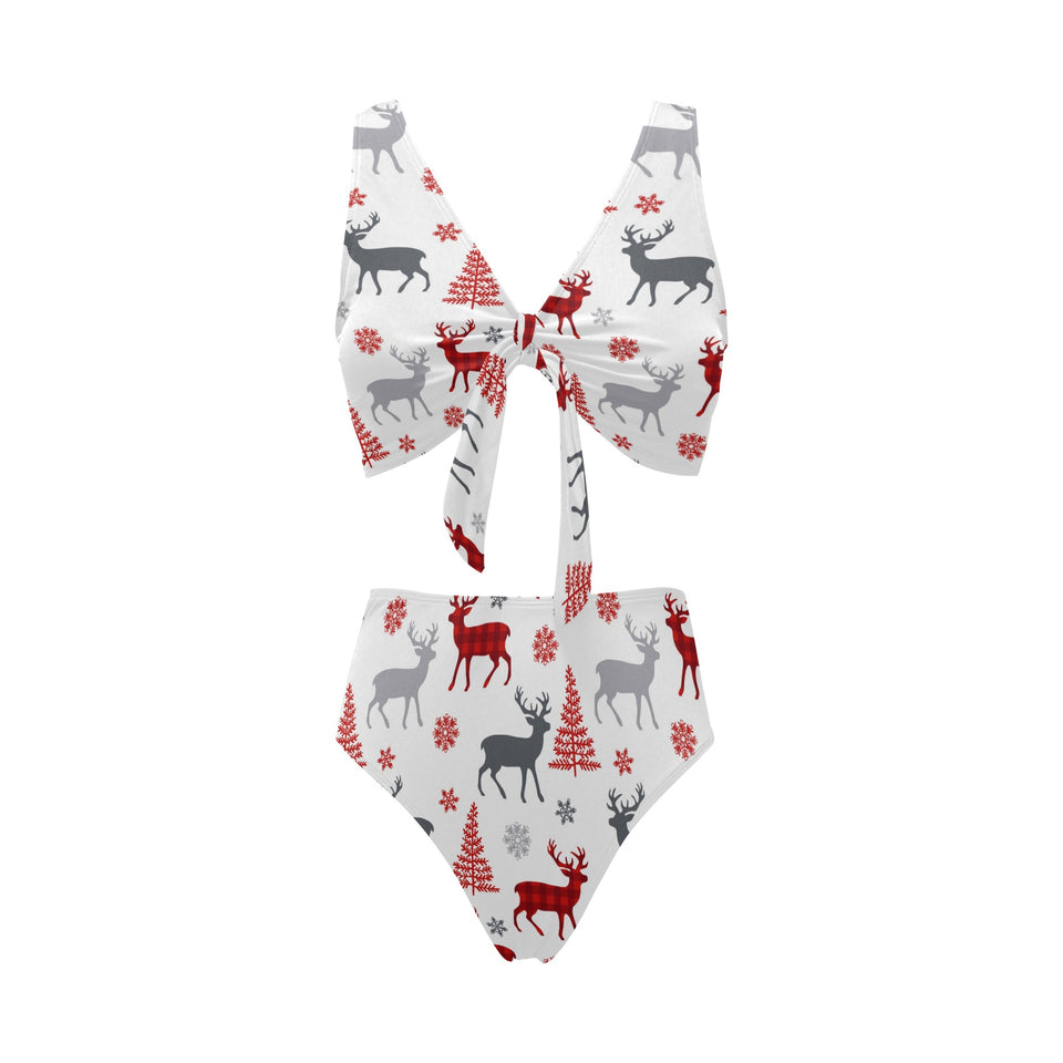 Deer tree snowflakes chrismas pattern Chest Bowknot High Waisted Bikini Swimsuit