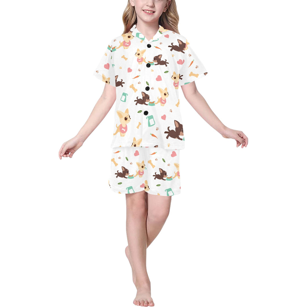 Cute Chihuahua puppie pattern Kids' Boys' Girls' V-Neck Short Pajama Set