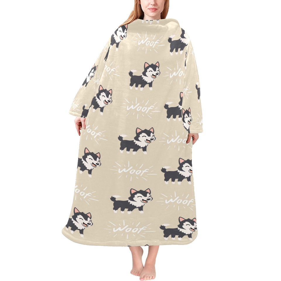 Cute Siberian Husky Blanket Robe with Sleeves