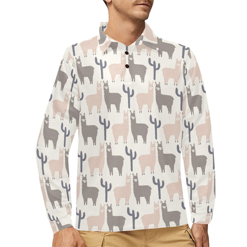 Llama Alpaca pattern Men's Long Sleeve Polo Shirt