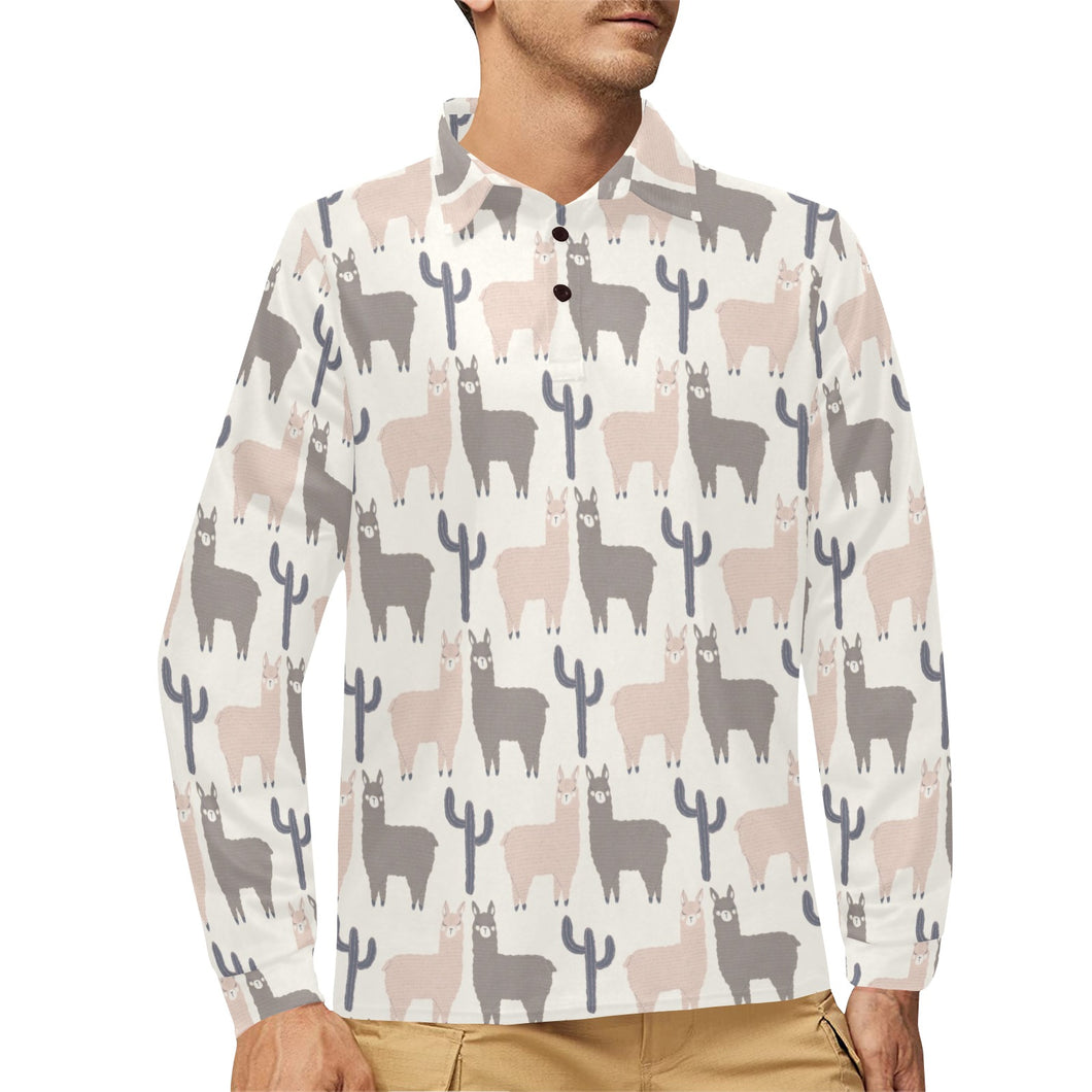 Llama Alpaca pattern Men's Long Sleeve Polo Shirt