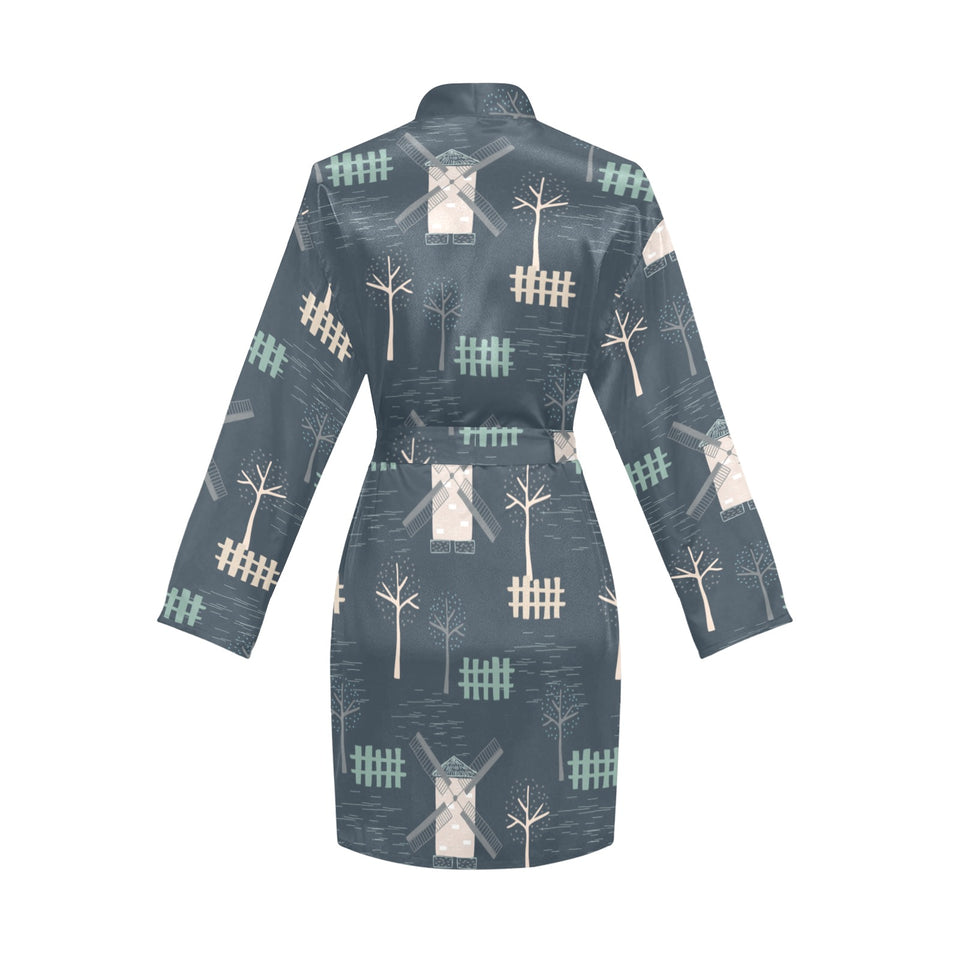 windmill tree pattern Women's Long Sleeve Belted Night Robe
