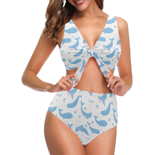 Blue whale pattern Chest Bowknot High Waisted Bikini Swimsuit