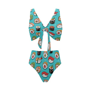 Cute sushi pattern Chest Bowknot High Waisted Bikini Swimsuit