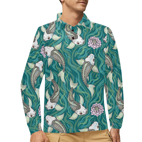 Koi Fish Carp Fish lotus pattern Men's Long Sleeve Polo Shirt
