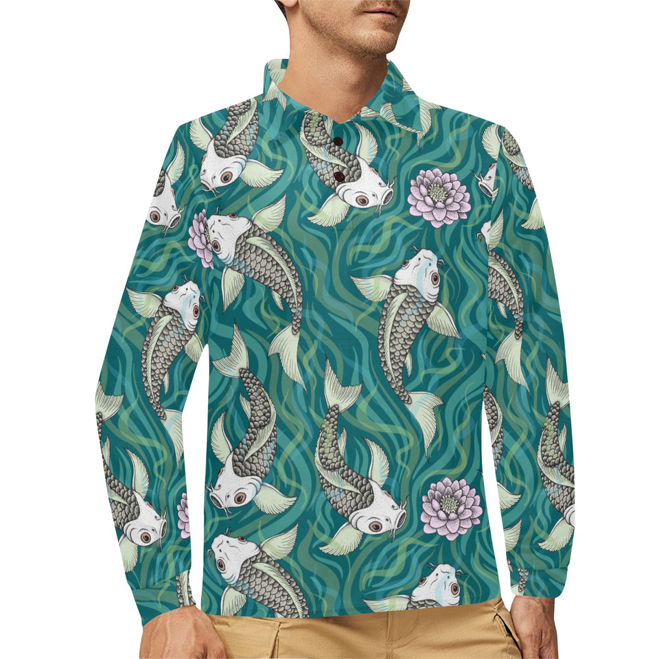 Koi Fish Carp Fish lotus pattern Men's Long Sleeve Polo Shirt