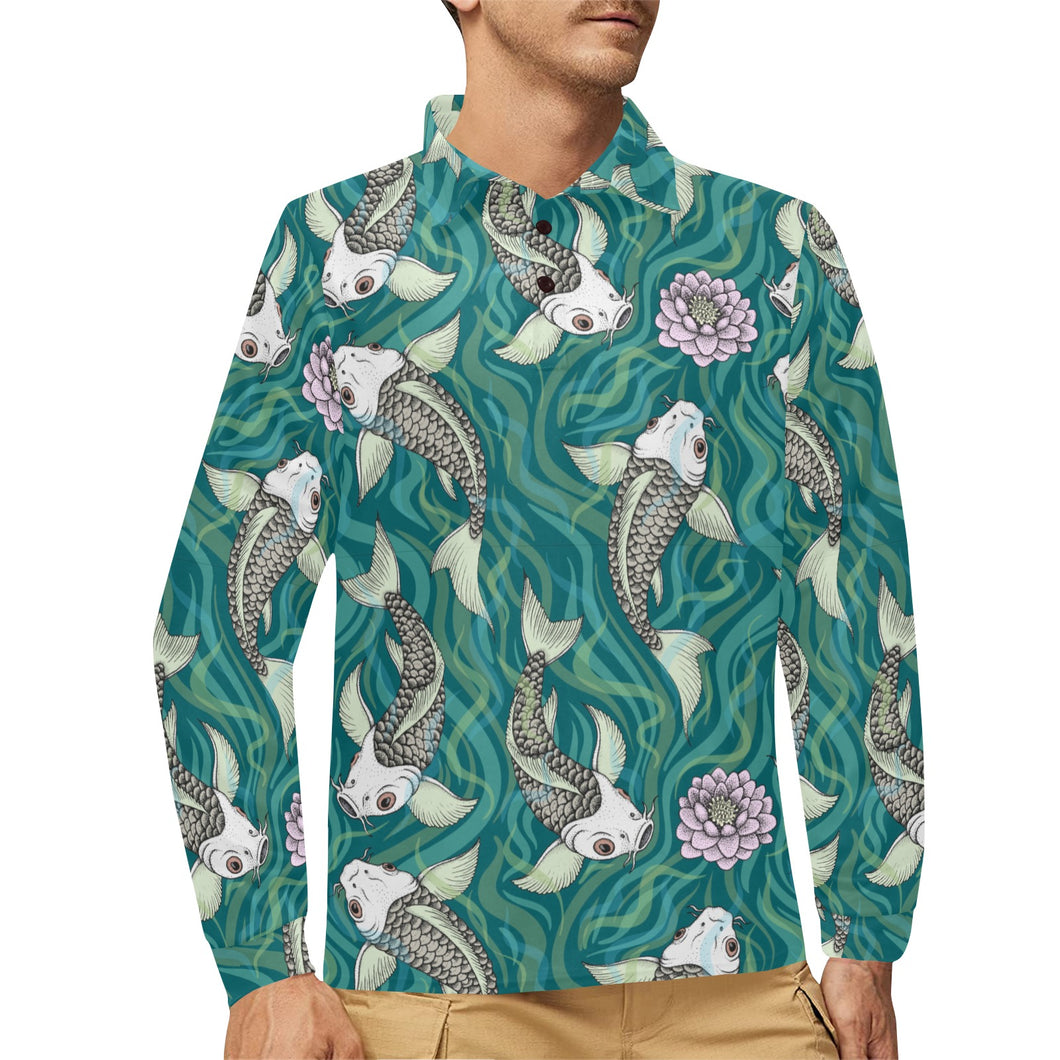 Koi Fish Carp Fish lotus pattern Men's Long Sleeve Polo Shirt