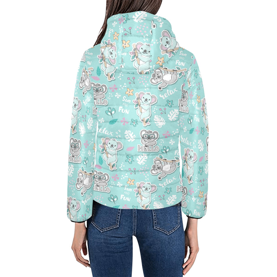 Cute koalas blue background pattern Women's Padded Hooded Jacket