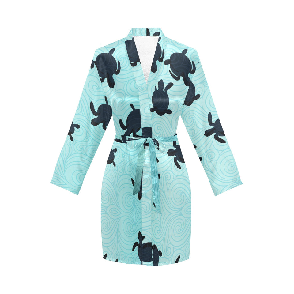 Sea turtle with blue ocean backgroud Women's Long Sleeve Belted Night Robe