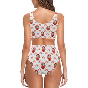 Daruma japanese wooden doll design pattern Chest Bowknot High Waisted Bikini Swimsuit