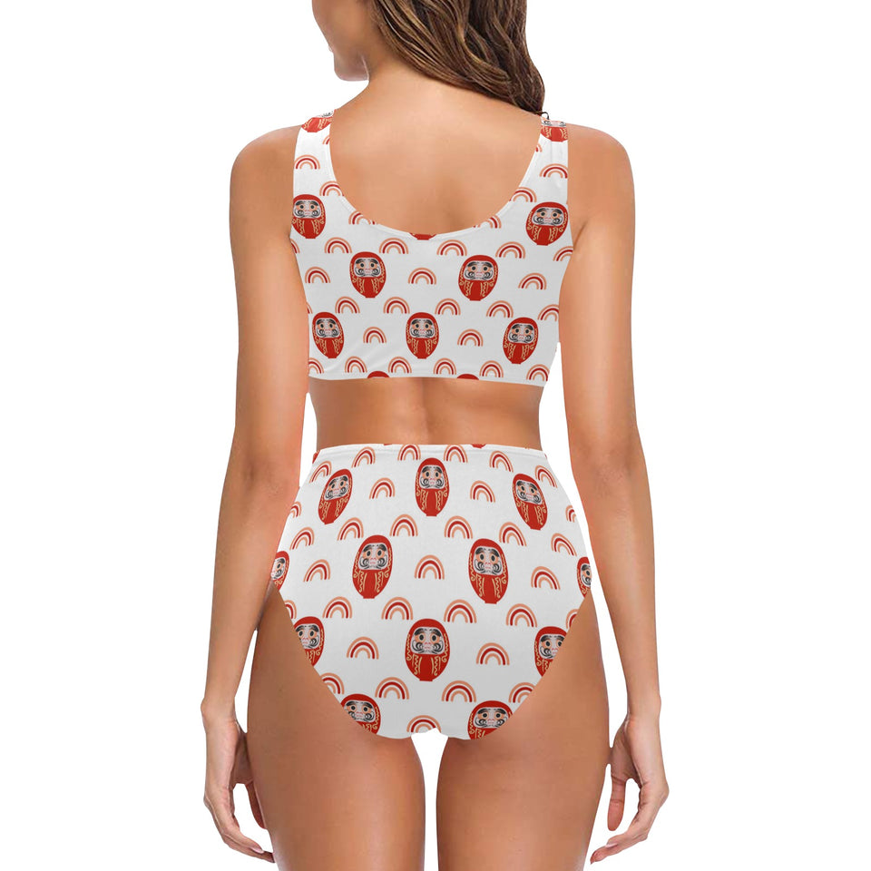 Daruma japanese wooden doll design pattern Chest Bowknot High Waisted Bikini Swimsuit