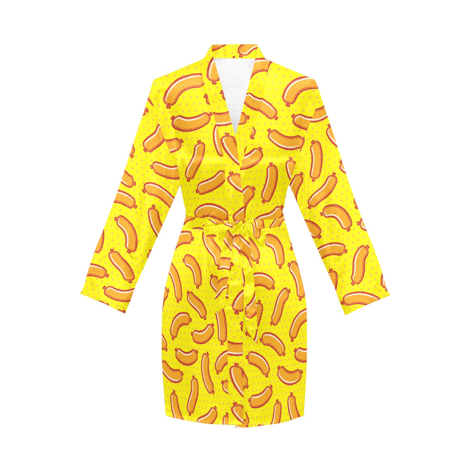 Sausage Pattern Print Design 01 Women's Long Sleeve Belted Night Robe