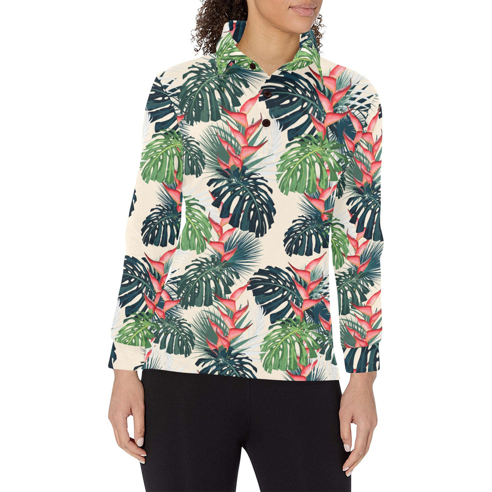 heliconia flowers, palm and monstera leaves Women's Long Sleeve Polo Shirt