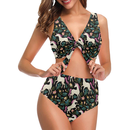 Unicorns forest background Chest Bowknot High Waisted Bikini Swimsuit