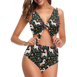 Unicorns forest background Chest Bowknot High Waisted Bikini Swimsuit