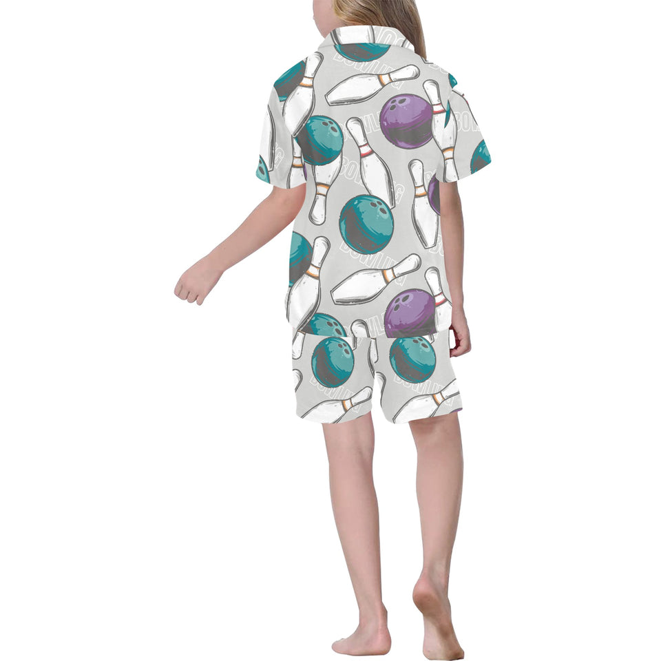 Bowling ball and pin gray background Kids' Boys' Girls' V-Neck Short Pajama Set