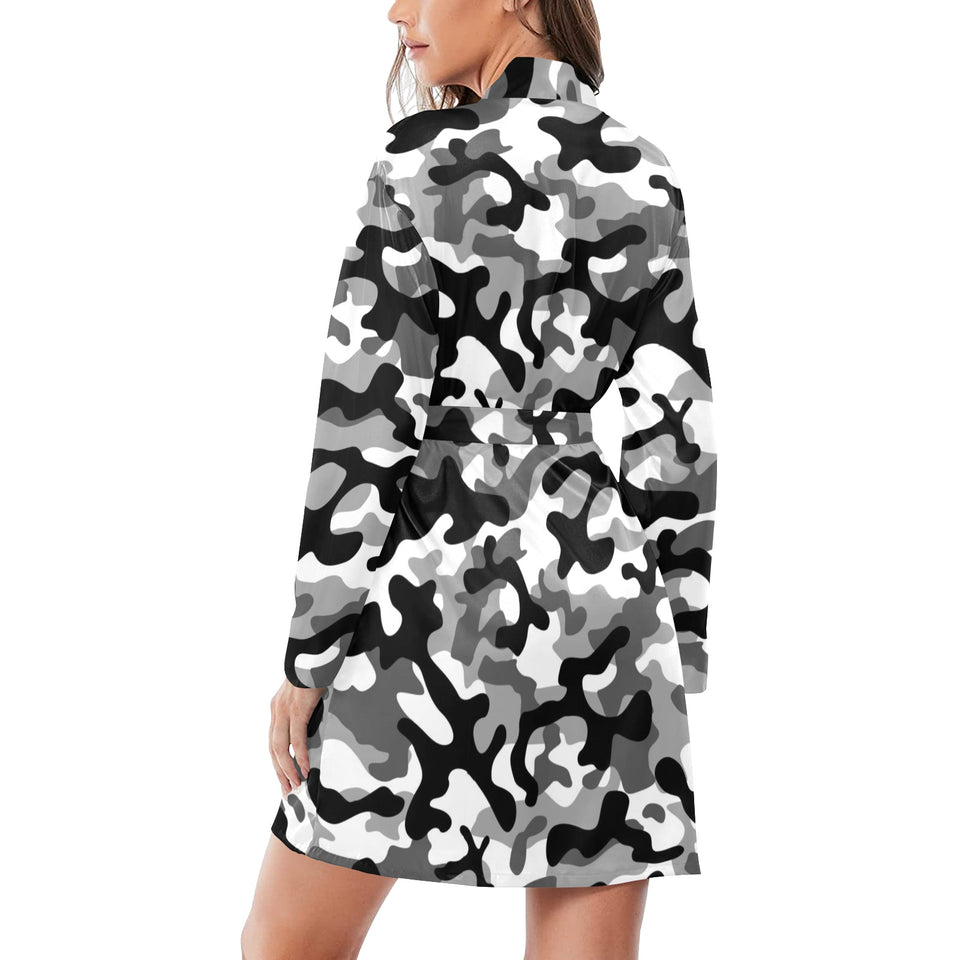 Black white camouflage pattern Women's Long Sleeve Belted Night Robe
