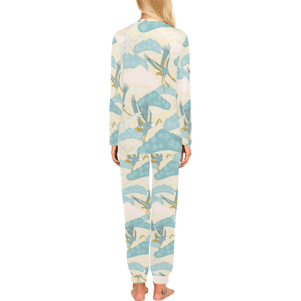 Bonsai bamboo stork japanese pattern cream theme Women's All Over Print Pajama Set