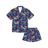 Blue japanese pattern cloud wave flower Kids' Boys' Girls' V-Neck Short Pajama Set