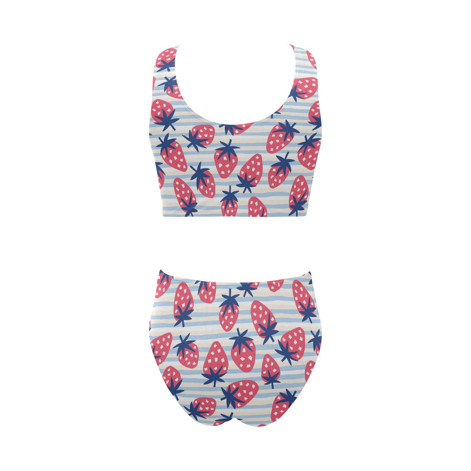 Strawberry pattern blue lines background Chest Bowknot High Waisted Bikini Swimsuit
