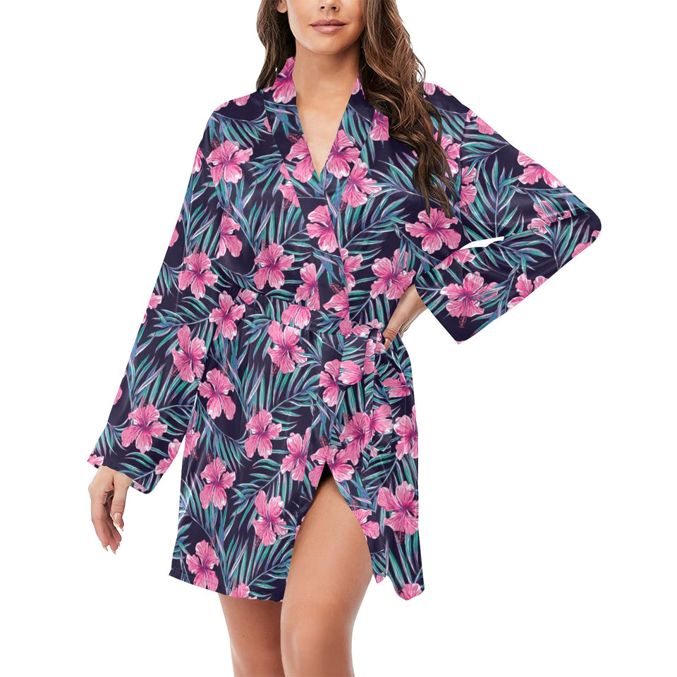 Hibiscus Pattern Print Design 05 Women's Long Sleeve Belted Night Robe