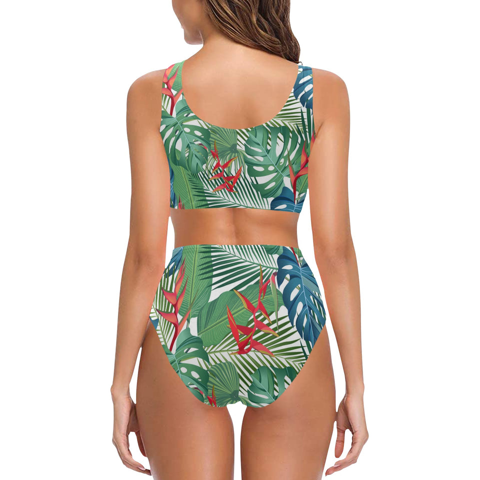 heliconia palm and monstera leaves pattern Chest Bowknot High Waisted Bikini Swimsuit