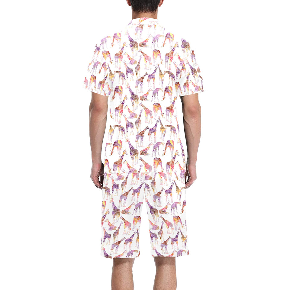 Giraffe Pattern Print Design 02 Men's V-Neck Short Pajama Set