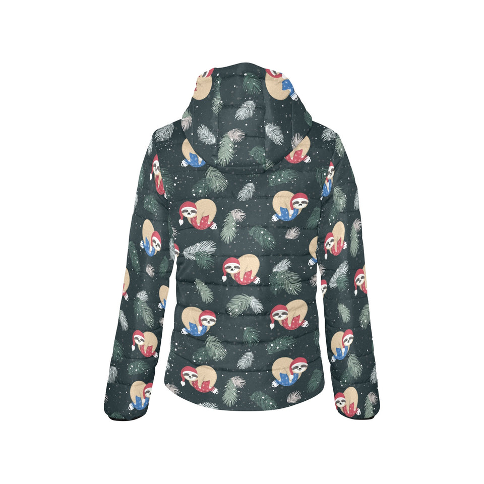 Cute sloths sleeping christmas ball santa hat patt Women's Padded Hooded Jacket