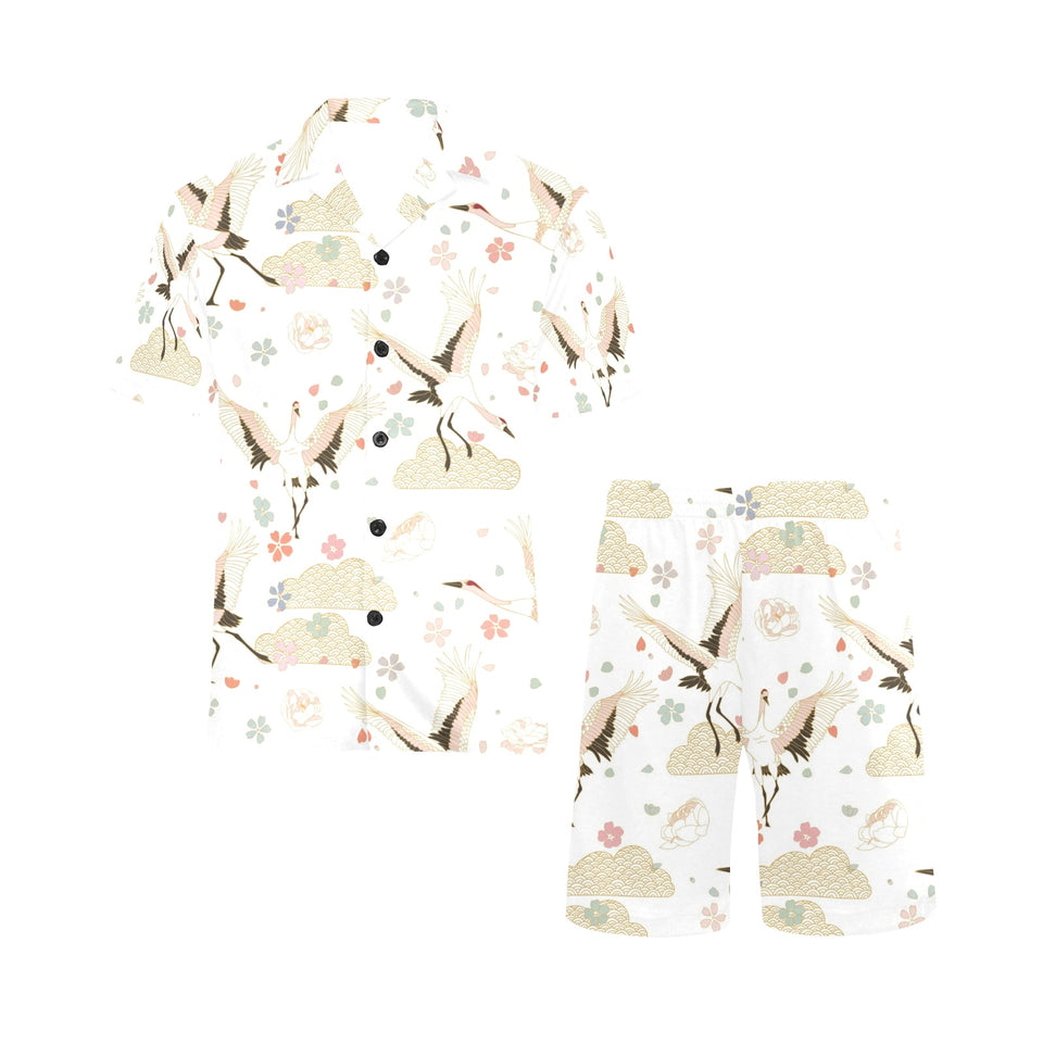 Beautiful Japanese cranes pattern Men's V-Neck Short Pajama Set