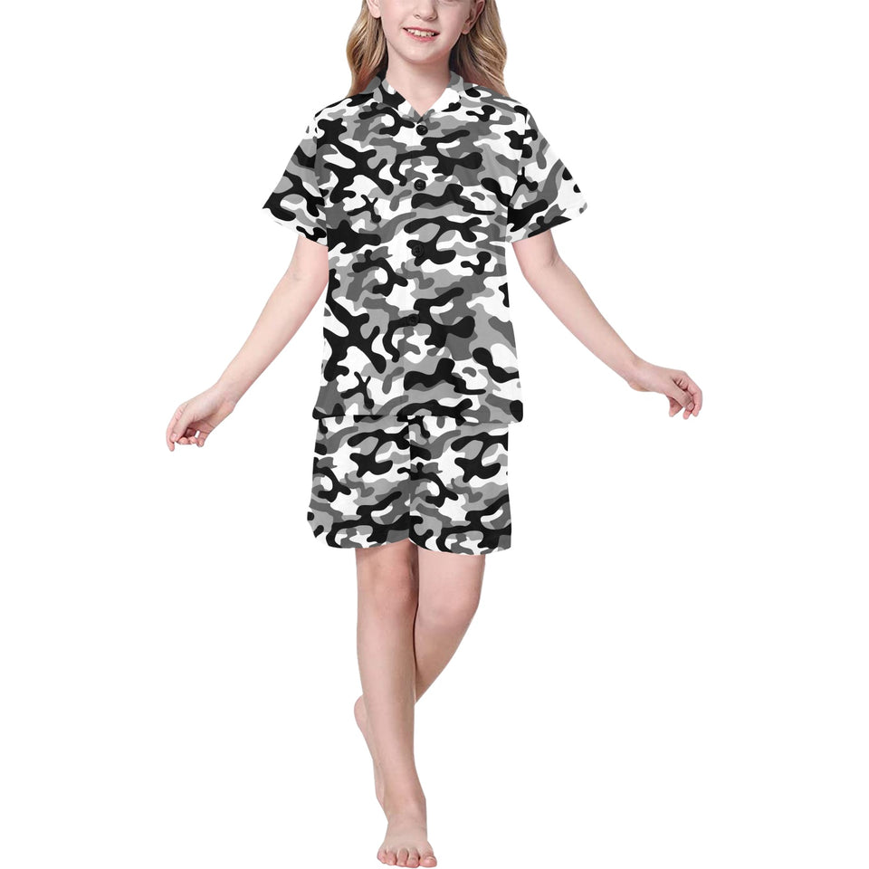 Black white camouflage pattern Kids' Boys' Girls' V-Neck Short Pajama Set