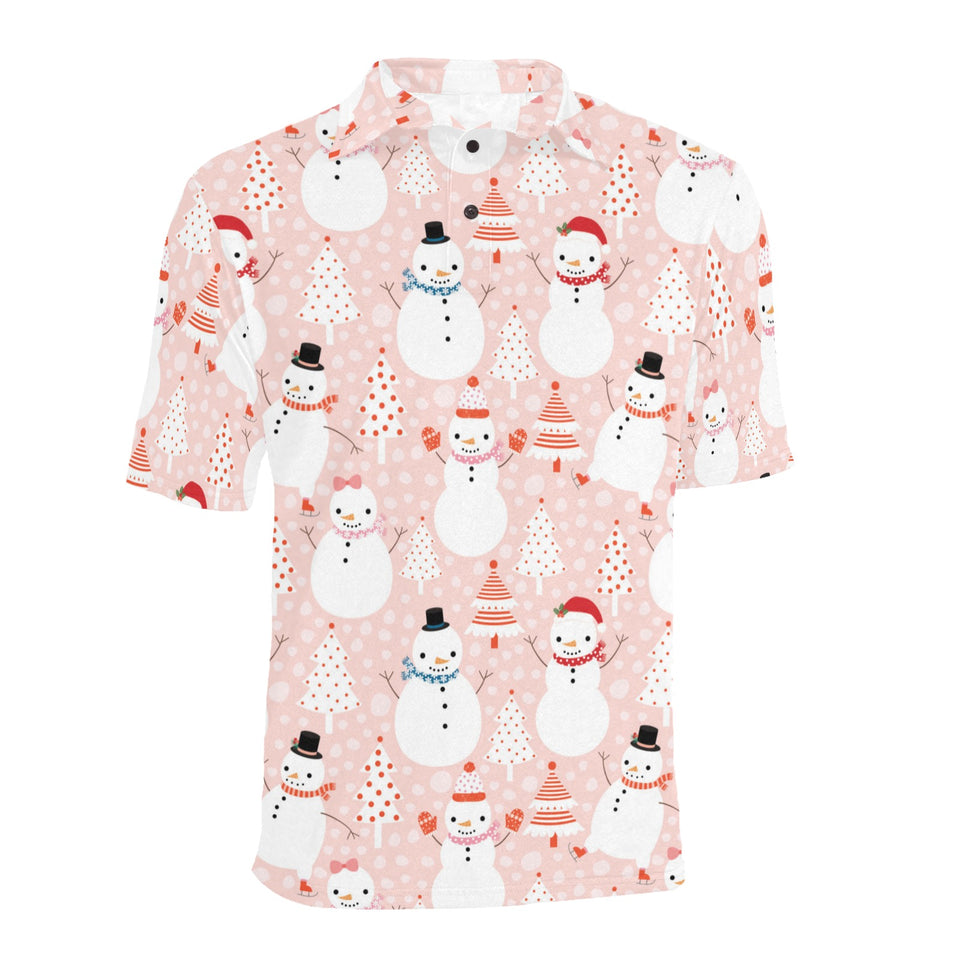 Cute snowman christmas tree snowpink background Men's All Over Print Polo Shirt