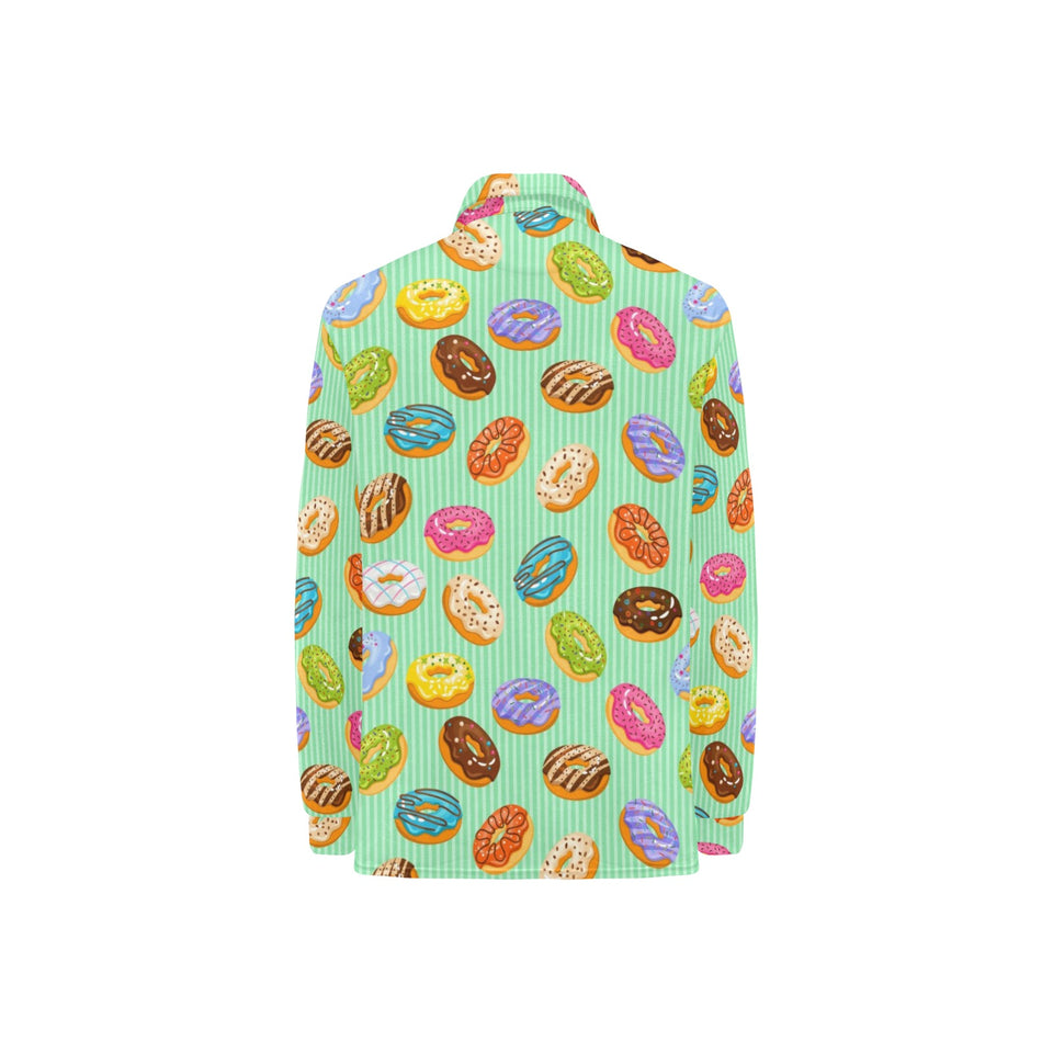 Colorful donut pattern green background Women's Long Sleeve Polo Shirt