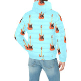 electric guitar pattern light blue background Men's Padded Hooded Jacket