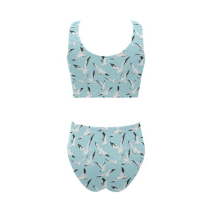 Seagull Pattern Print Design 01 Chest Bowknot High Waisted Bikini Swimsuit