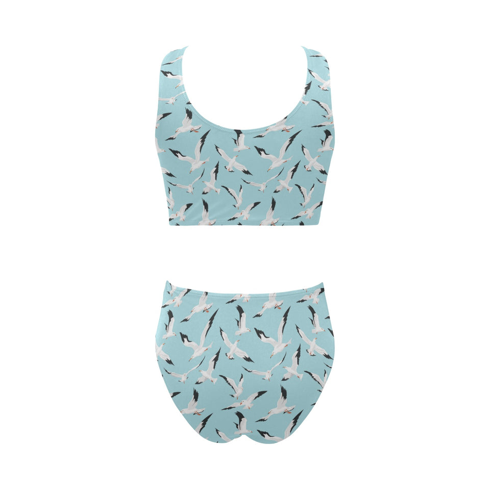 Seagull Pattern Print Design 01 Chest Bowknot High Waisted Bikini Swimsuit