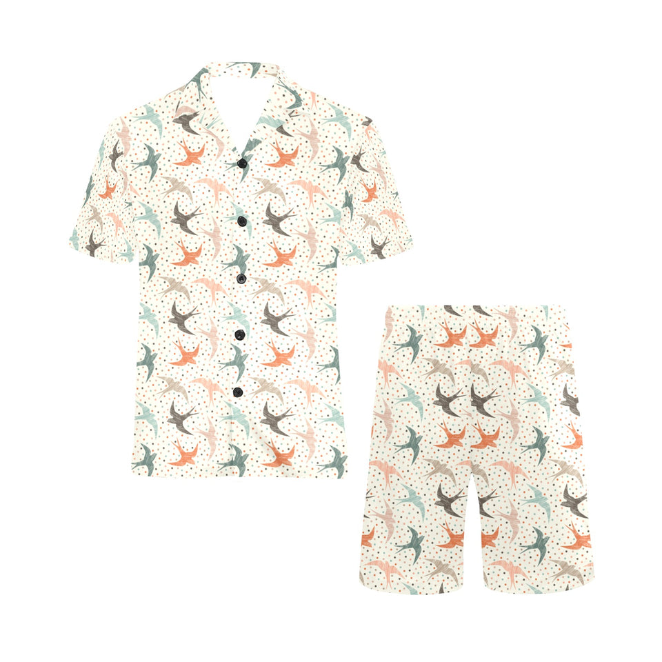 Swallow Pattern Print Design 02 Men's V-Neck Short Pajama Set