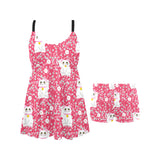 Maneki neko cat sakura pink background Chest Sexy Pleated Two Piece Swim Dress