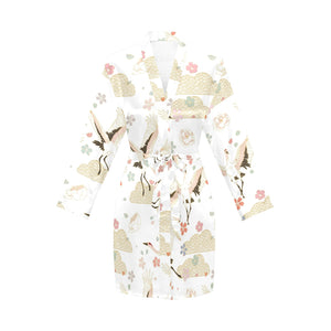 Beautiful Japanese cranes pattern Women's Long Sleeve Belted Night Robe