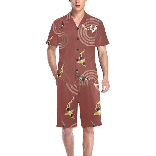 Koi Fish Carp Fish red background Men's V-Neck Short Pajama Set