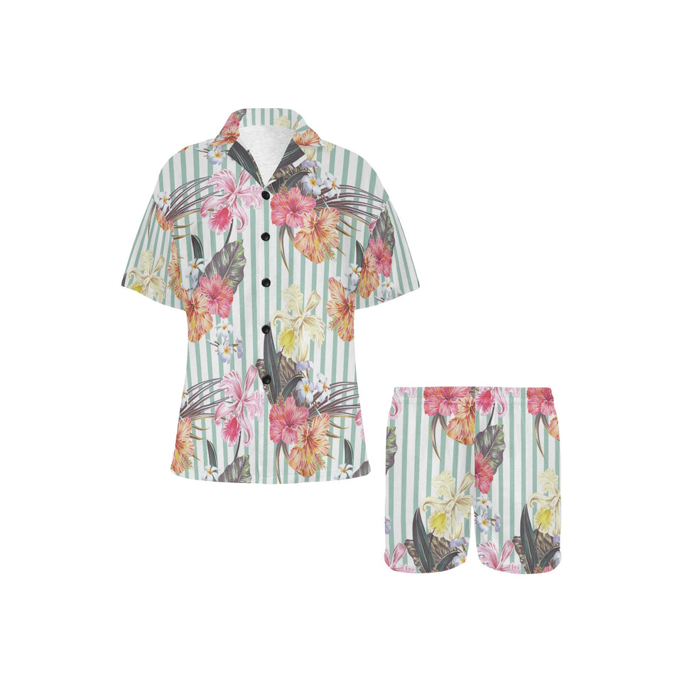 Colorful orchid flower pattern Women's V-Neck Short Pajama Set