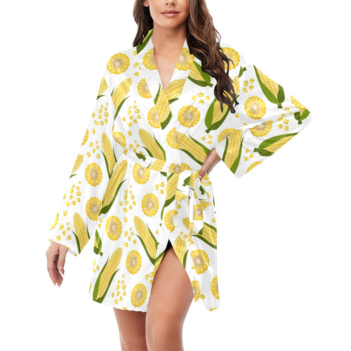 Corn Pattern Print Design 05 Women's Long Sleeve Belted Night Robe