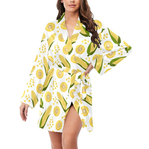 Corn Pattern Print Design 05 Women's Long Sleeve Belted Night Robe