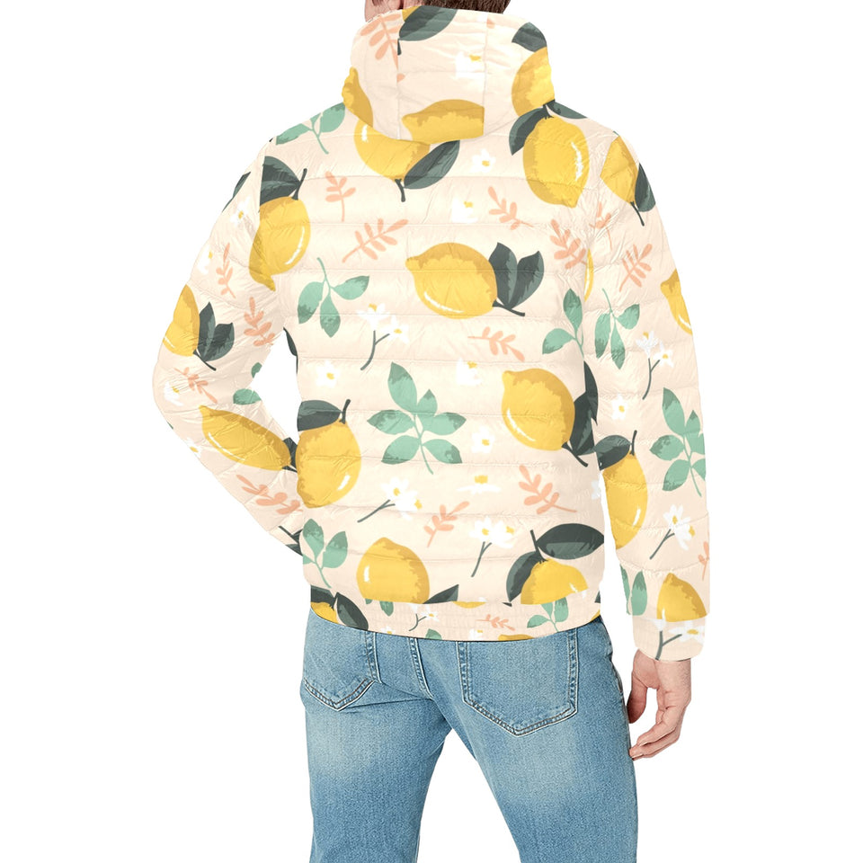 lemon flower leave pattern Men's Padded Hooded Jacket