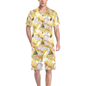 Cool Bee honeycomb leaves pattern Men's V-Neck Short Pajama Set